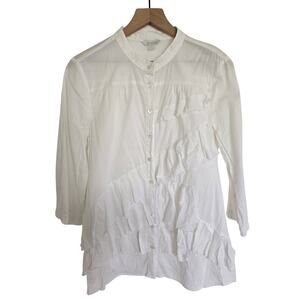 Garnet Hill White Ruffle Mandarin Collar Blouse Size 8 Cotton